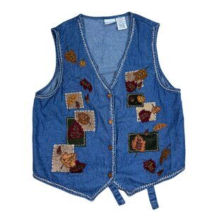 Vintage Bobbie Brooks Embroidered Denim Leaf Vest Medium Cottagecore Fall
